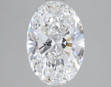 Oval-cut lab-grown diamond with faceted surface reflecting light, displayed against neutral gray background.