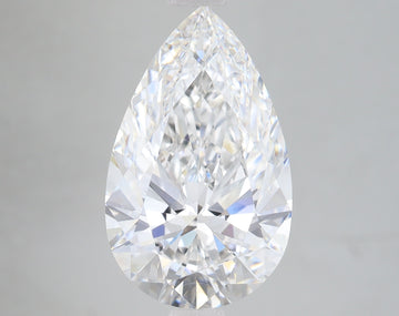 Pear-shaped clear lab-grown diamond with faceted surfaces and light reflections on neutral background.
