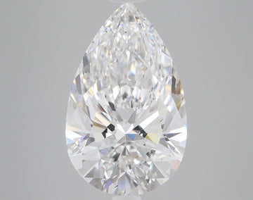 Pear-shaped clear lab-grown diamond with faceted cut and light refraction against gray background.