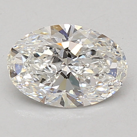 Oval-cut lab-grown diamond with faceted surface displaying white and pale yellow light reflections against a gray background.