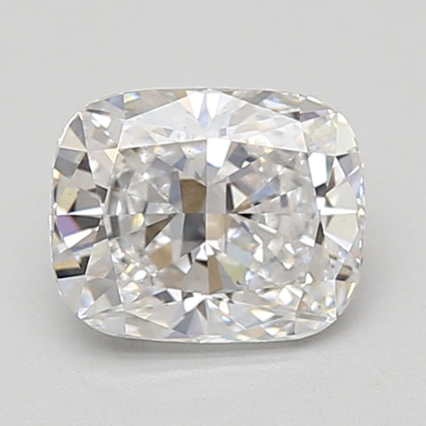 Cushion-cut lab-grown diamond with faceted surfaces and light reflections, displayed against a neutral background.