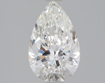Pear-shaped colorless lab-grown diamond with faceted surface and light reflections on neutral background.