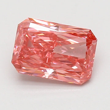 Pink radiant cut lab-grown diamond with faceted surfaces and light reflections on white background.