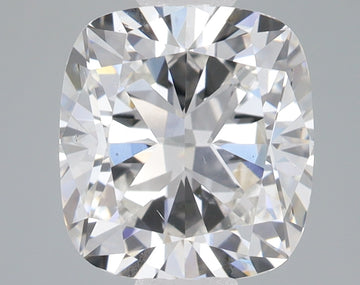 Cushion-cut lab-grown diamond with brilliant faceting and light refraction on gray background.