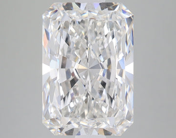 Clear radiant-cut diamond with faceted surfaces reflecting light, displayed against neutral gray background.