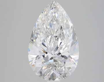 Pear-shaped colorless lab-grown diamond with faceted surface displaying light refraction on neutral background.
