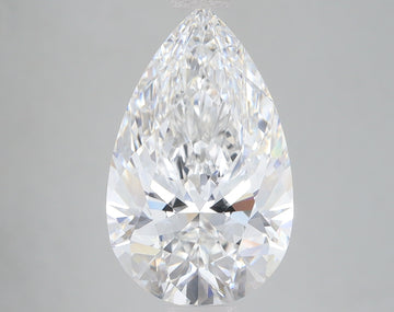 Pear-shaped colorless lab-grown diamond with faceted surface and light reflections on neutral gray background.