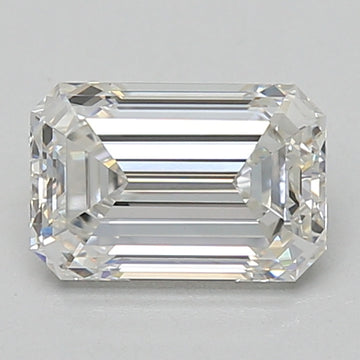 Emerald-cut lab-grown diamond loose stone with faceted surfaces and clear transparency on neutral background.
