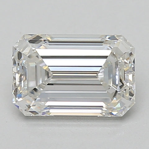 Emerald-cut lab-grown diamond loose stone with faceted surfaces and clear transparency on neutral background.