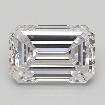 Emerald-cut lab-grown diamond with faceted surfaces and step-cut pattern, displaying clear coloration and reflection on neutr