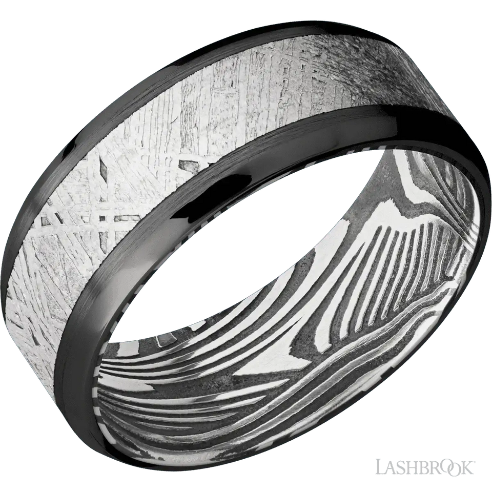 Zirconium with Satin, Polish Finish and Meteorite Inlay and Sunset - 8MM - Larson Jewelers
