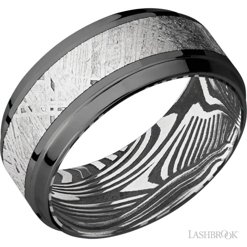 Zirconium with Polish , Polish Finish and Meteorite Inlay and Sunset - 9MM - Larson Jewelers
