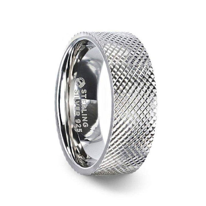 NOBLE Silver Cross-Hatched Finish Flat Style Wedding Band - 4mm & 8mm - Larson Jewelers
