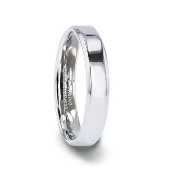 Side view of polished sterling silver women’s wedding band with flat center and beveled edges, 4mm width