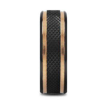 BAROQUE Black Titanium Diamond Pattern Brushed Finish Men’s Wedding Ring with Gold Milgrain Grooves – 8mm - Larson Jewelers