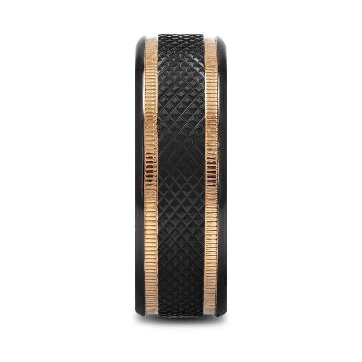BAROQUE Black Titanium Diamond Pattern Brushed Finish Men’s Wedding Ring with Gold Milgrain Grooves – 8mm - Larson Jewelers