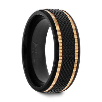 BAROQUE Black Titanium Diamond Pattern Brushed Finish Men’s Wedding Ring with Gold Milgrain Grooves – 8mm - Larson Jewelers