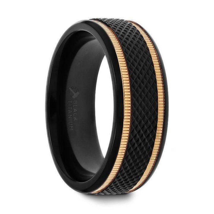 BAROQUE Black Titanium Diamond Pattern Brushed Finish Men’s Wedding Ring with Gold Milgrain Grooves – 8mm - Larson Jewelers