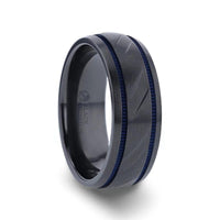 PATROL Black Titanium Carved Diagonal Pattern Brushed Finish Men’s Wedding Ring with Blue Milgrain Grooves – 8mm - Larson Jewelers