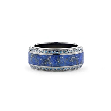 HYDRA Lapis Lazuli Inlaid Titanium Wedding Ring Polished Beveled Edges Set with Round Blue Diamonds - 10mm - Larson Jewelers