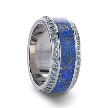 HYDRA Lapis Lazuli Inlaid Titanium Wedding Ring Polished Beveled Edges Set with Round Blue Diamonds - 10mm - Larson Jewelers