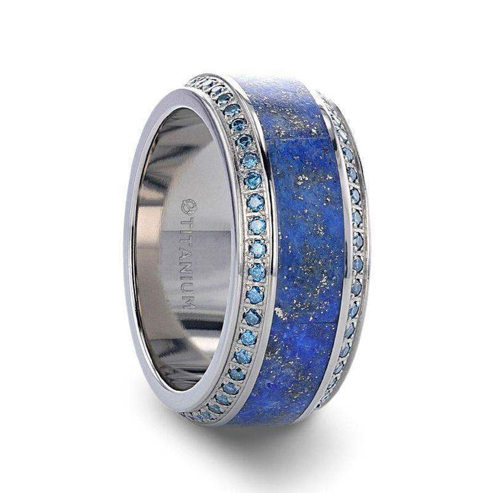 HYDRA Lapis Lazuli Inlaid Titanium Wedding Ring Polished Beveled Edges Set with Round Blue Diamonds - 10mm - Larson Jewelers