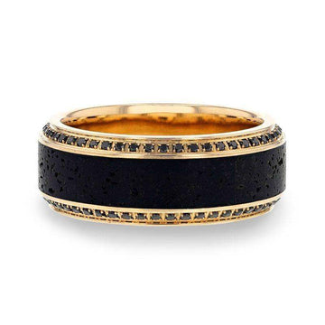 HYPERION Lava Inlaid 10K Yellow Gold Wedding Ring Polished Beveled Edges Set with Round Black Diamonds - 10mm - Larson Jewelers
