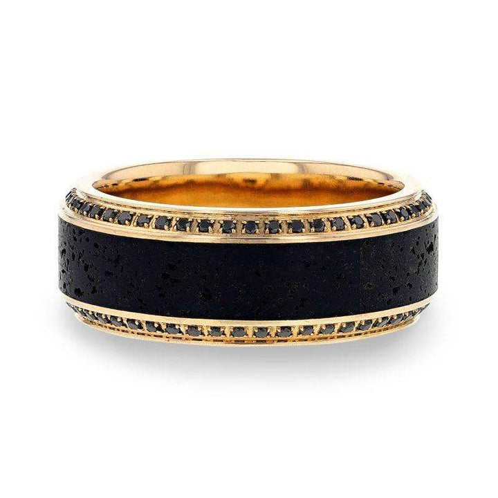 HYPERION Lava Inlaid 10K Yellow Gold Wedding Ring Polished Beveled Edges Set with Round Black Diamonds - 10mm - Larson Jewelers