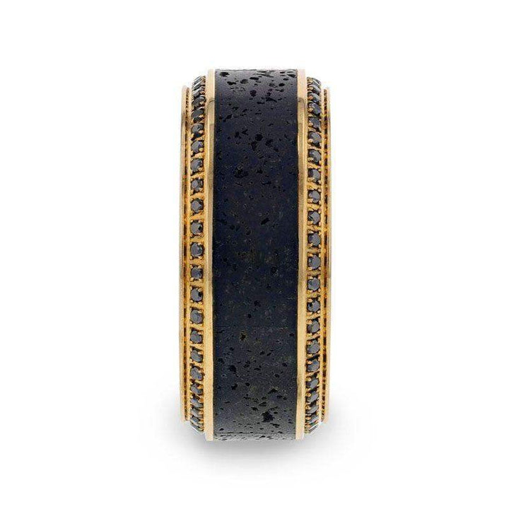 HYPERION Lava Inlaid 10K Yellow Gold Wedding Ring Polished Beveled Edges Set with Round Black Diamonds - 10mm - Larson Jewelers