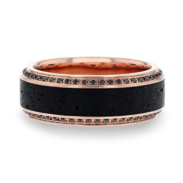 HYPERIA Lava Inlaid 10K Rose Gold Men's Wedding Band With Black Diamonds Around Polished Edges - 10mm - Larson Jewelers