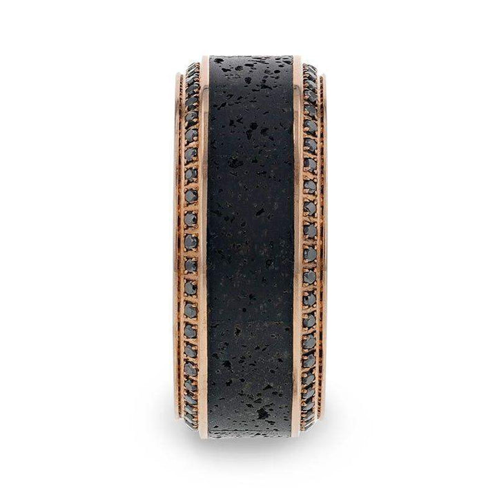 HYPERIA Lava Inlaid 10K Rose Gold Men's Wedding Band With Black Diamonds Around Polished Edges - 10mm - Larson Jewelers