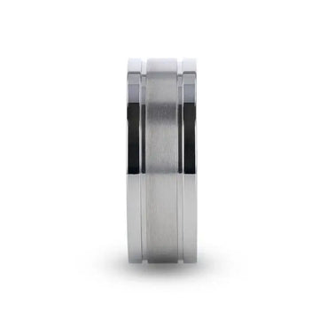 MAGNUM Flat Polished Edge Titanium Band with Offset Grooves and Satin Center - 8mm - Larson Jewelers