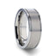 Angled view of the FAIRFIELD 8mm flat satin finish titanium ring with polished edges and grooves
