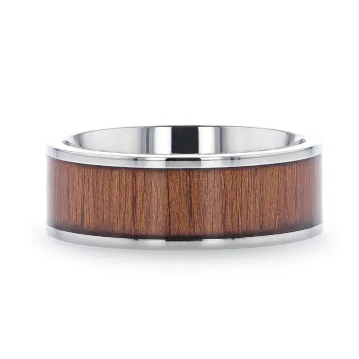 HONUA Flat Titanium Wedding Band with Rare Koa Wood Inlay and Polished Edges - 8mm - Larson Jewelers