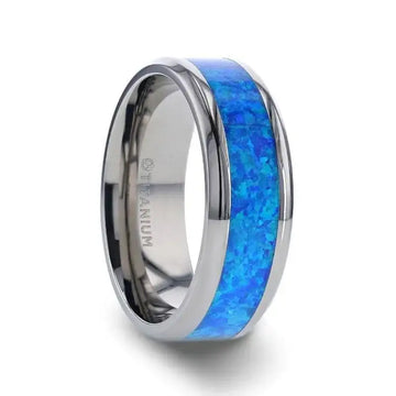 GALAXY Titanium Polished Beveled Edge with Blue Green Opal Inlay - 8mm - Larson Jewelers