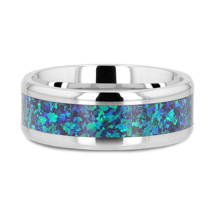 ANDROMEDA Titanium Polished Beveled Edge with Blue Green Opal Inlay - 8mm - Larson Jewelers