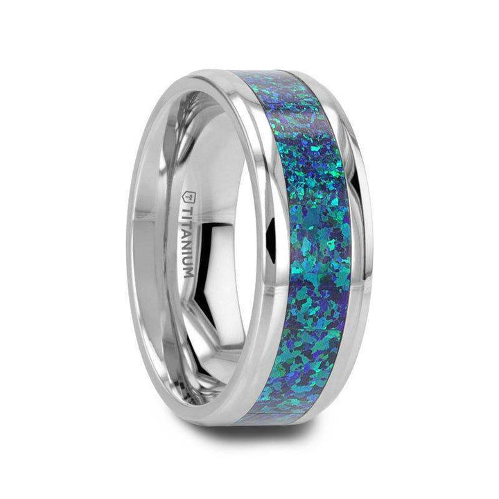 ANDROMEDA Titanium Polished Beveled Edge with Blue Green Opal Inlay - 8mm - Larson Jewelers