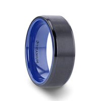 CASTOR Beveled Edges Black Titanium Ring with Brushed Center and Vibrant Blue Inside - 8mm - Larson Jewelers
