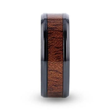 DOMINICA Black Titanium Band with Polished Bevels and Exotic Mahogany Hard Wood Inlay - 8mm - Larson Jewelers