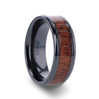 DOMINICA Black Titanium Band with Polished Bevels and Exotic Mahogany Hard Wood Inlay - 8mm - Larson Jewelers