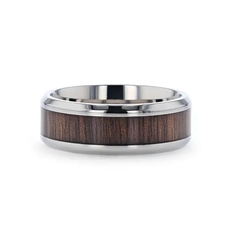 SCOTIA Beveled Titanium Ring with Black Walnut Wood Inlay - 8mm - Larson Jewelers