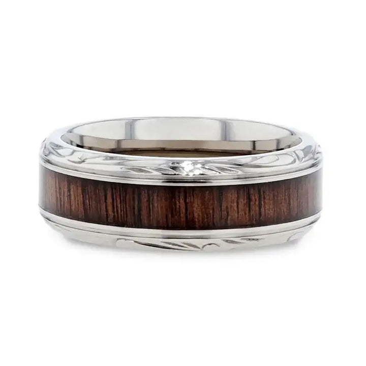 ROSENTRA Rosewood Inlay with Intricate Beveled Edges Titanium Polished Wedding Ring - 8mm - Larson Jewelers