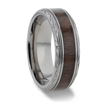 ROSENTRA Rosewood Inlay with Intricate Beveled Edges Titanium Polished Wedding Ring - 8mm - Larson Jewelers