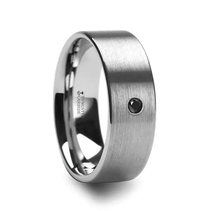 IRENAEUS Flat Brushed Tungsten Men’s Wedding Ring with Black Diamond - 6mm & 8mm - Larson Jewelers