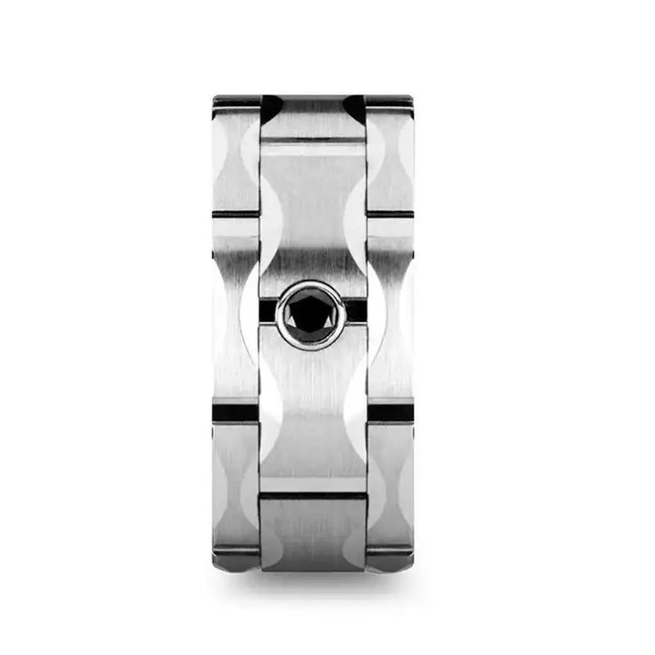 SAINT Brushed Tungsten Wedding Band with Grooves & Black Diamond - 10mm - Larson Jewelers