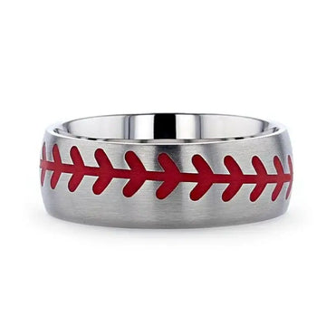 DIMAGGIO Titanium Brushed Finish Ring with Red Baseball Stitching Pattern - 8mm - Larson Jewelers