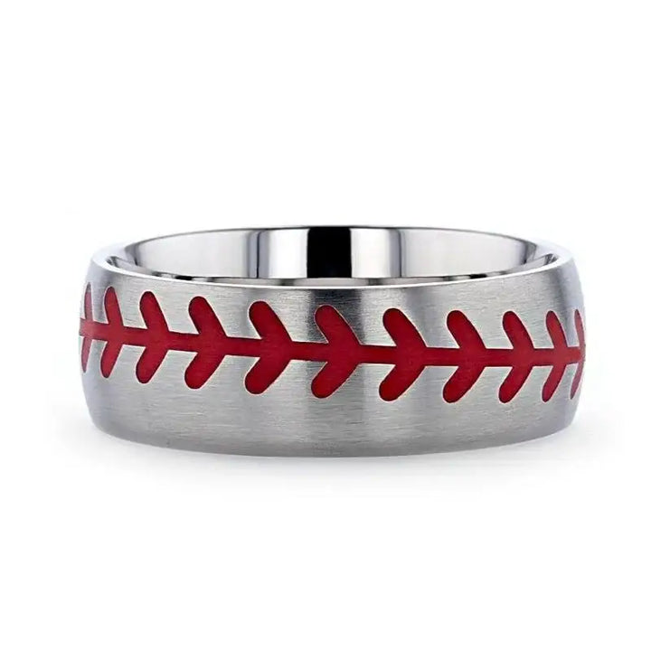 DIMAGGIO Titanium Brushed Finish Ring with Red Baseball Stitching Pattern - 8mm - Larson Jewelers