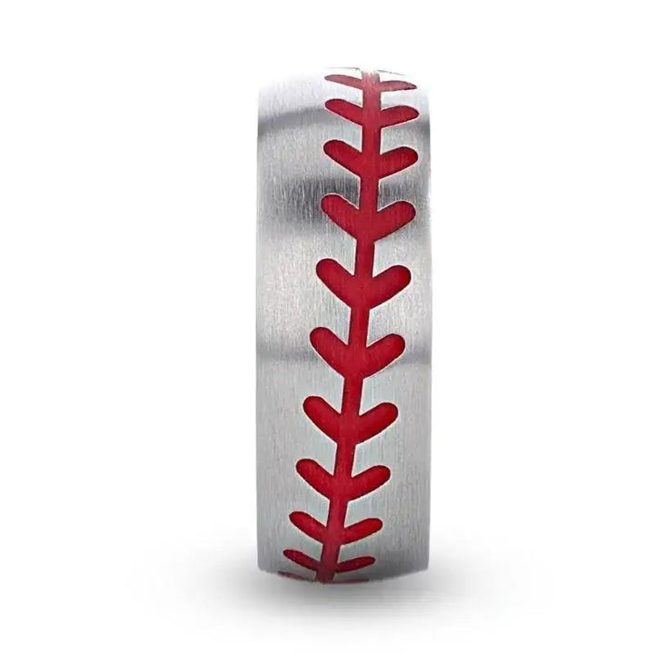 DIMAGGIO Titanium Brushed Finish Ring with Red Baseball Stitching Pattern - 8mm - Larson Jewelers
