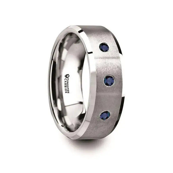 NAUTILUS Tungsten Satin Finished Center Polished Beveled Edges Men’s Wedding Band with 3 Blue Sapphires - 8mm - Larson Jewelers