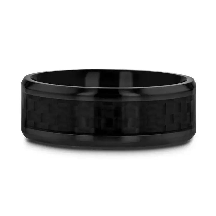 OXYN Black Titanium Polished Beveled Edges Black Carbon Fiber Inlaid Men’s Wedding Band - 6mm & 8mm - Larson Jewelers